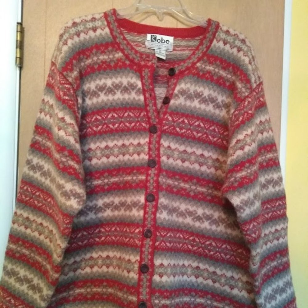 Crystal Kobe | Vintage Shetland Wool Red & Cream cardigan sweater